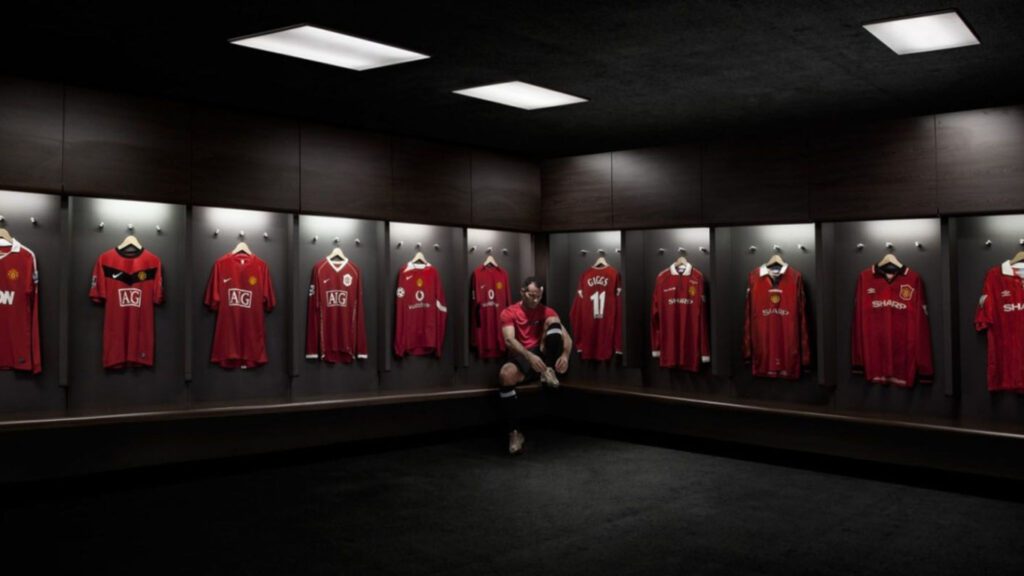 Man Utd football changing room Ryan Giggs in Old Trafford virtual background for Zoom, Meet & Teams