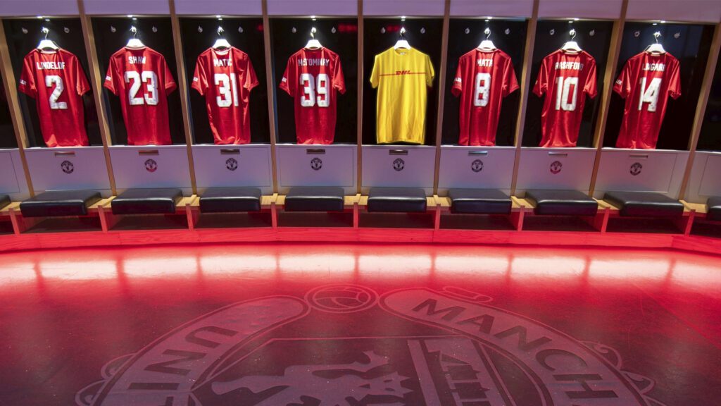 Man Utd football changing room players Old Trafford virtual background for Zoom, Meet & Teams